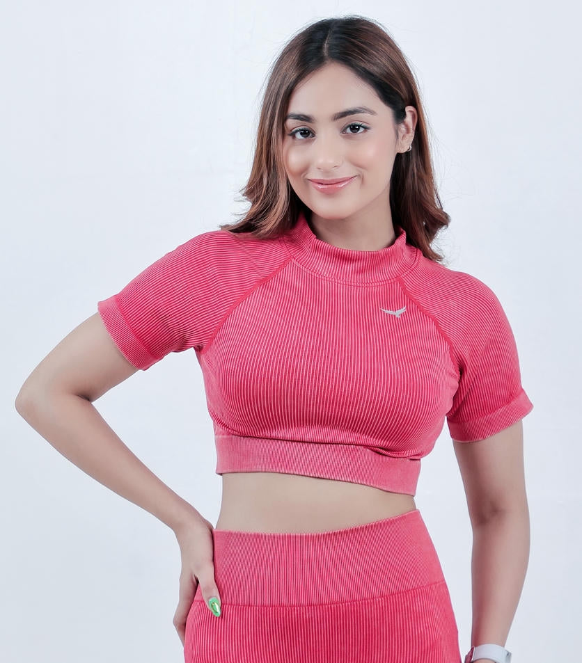 Stripe Crew Gym Nylon Crop Top – Red