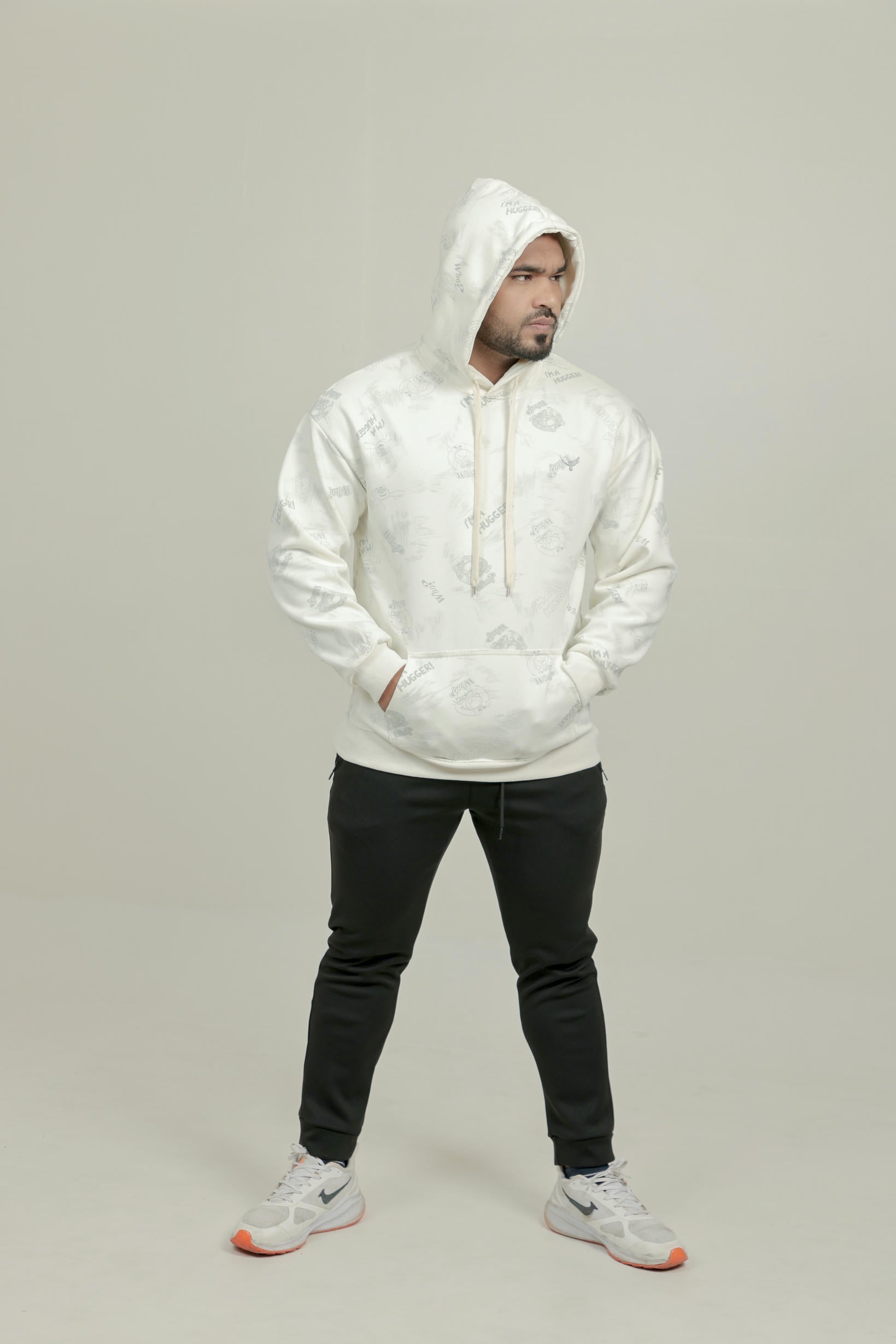 Boys Printed Hoodie – White (100% Cotton)