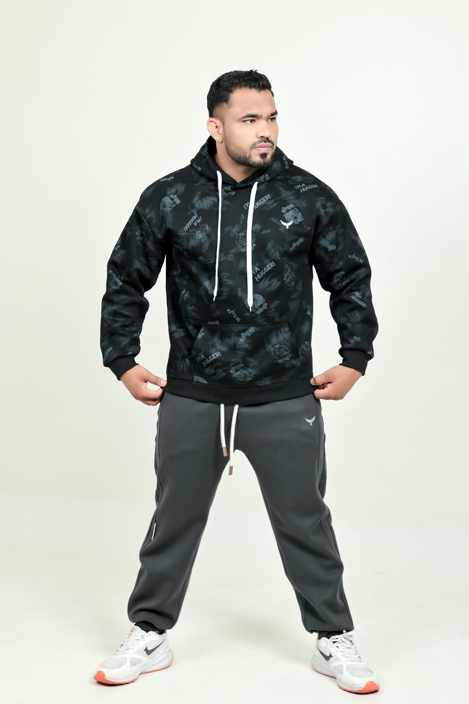 Boys Printed Hoodie – Black (100% Cotton)