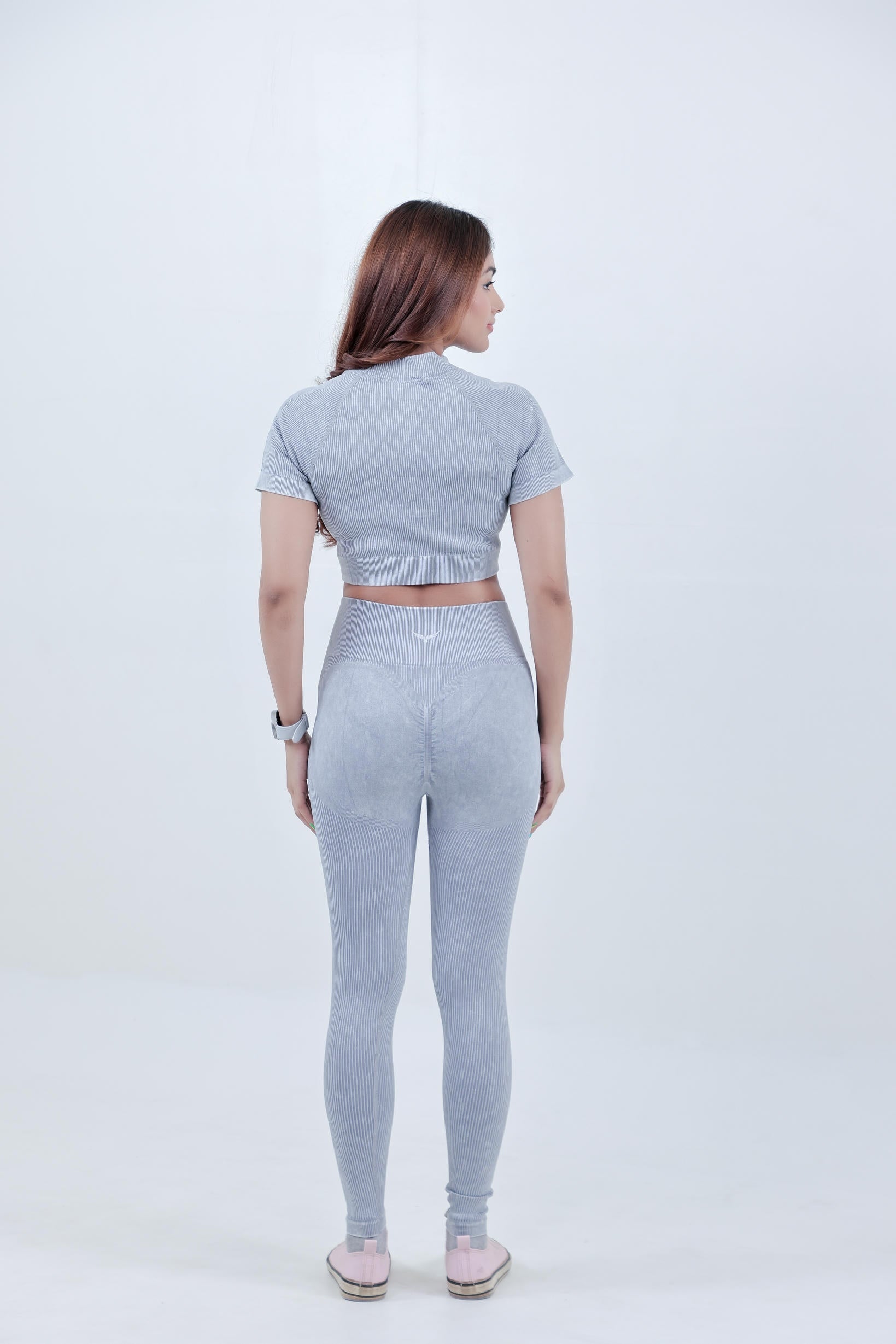 Stripe Crew Gym Nylon  Co-ord Sets – Light Grey