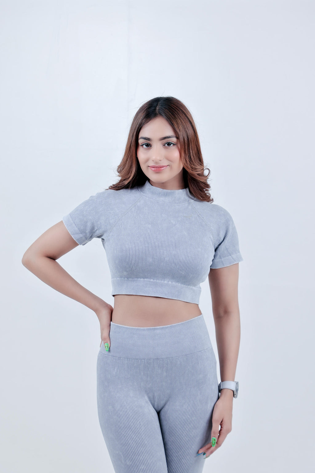 Stripe Crew Gym Nylon Crop Top – Light Grey