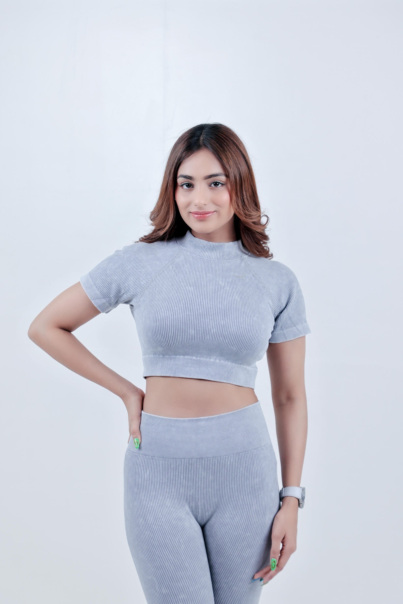 Stripe Crew Gym Nylon  Co-ord Sets – Light Grey