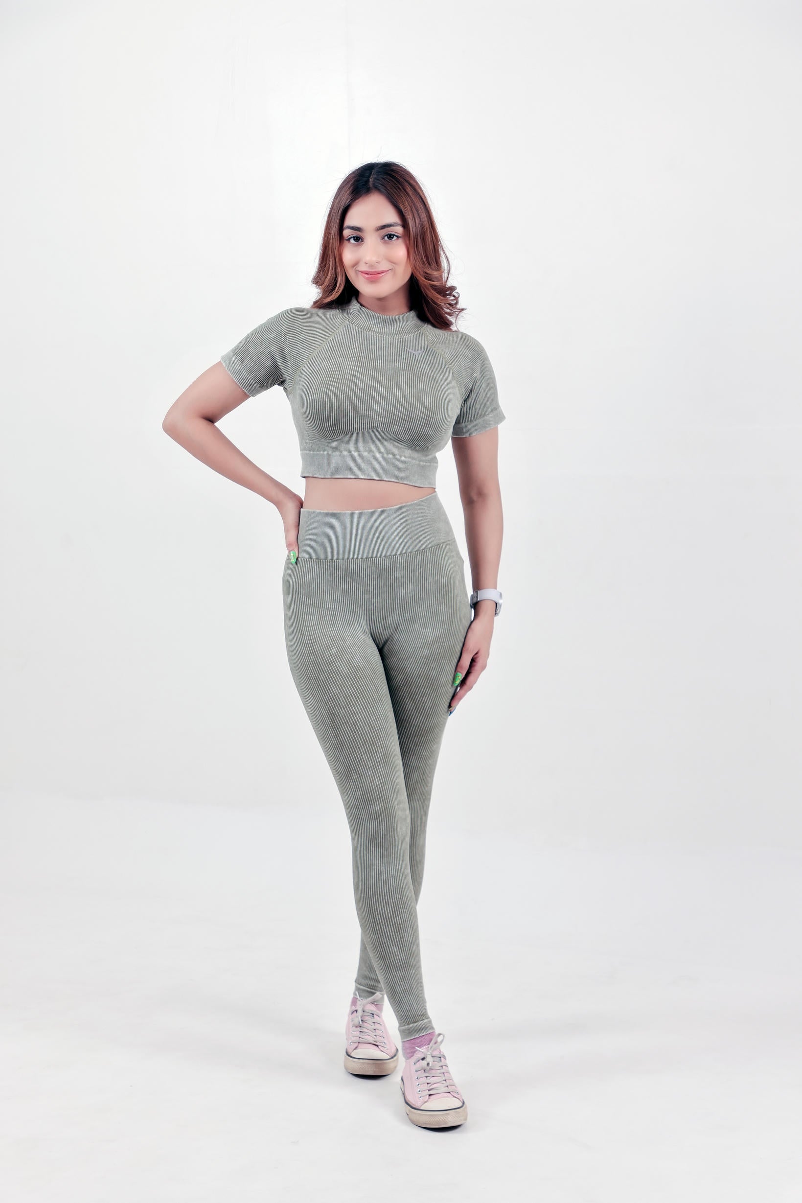 Stripe Crew Gym Nylon Legging – Olive Green