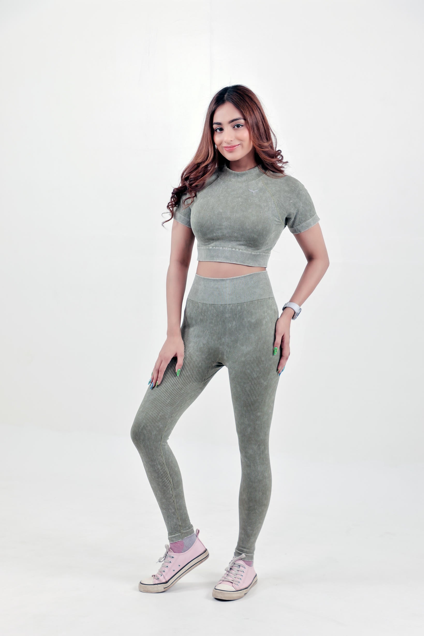 Stripe Crew Gym Nylon Legging – Olive Green