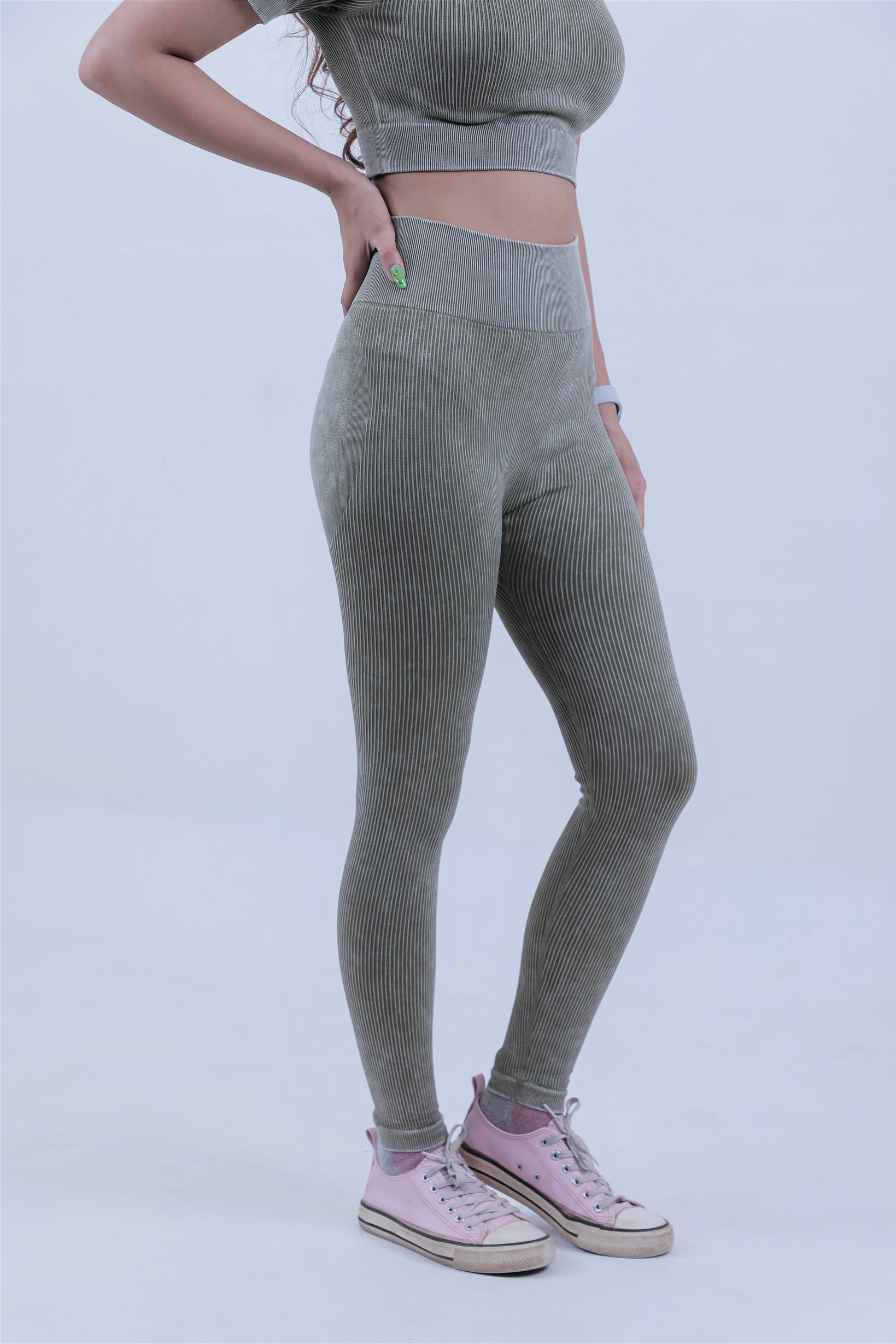 Stripe Crew Gym Nylon Legging – Olive Green