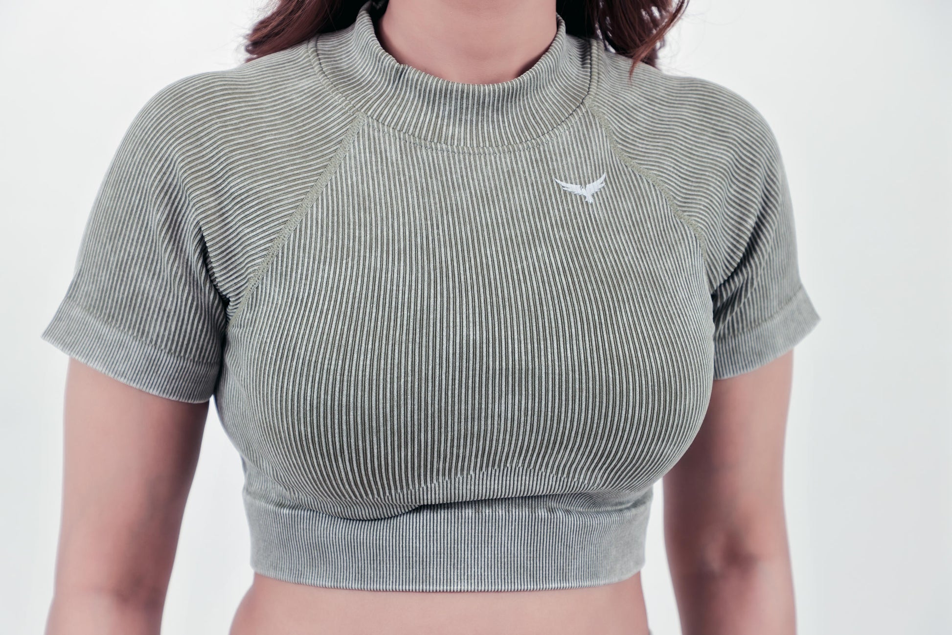 Stripe Crew Gym Nylon Crop Top – Olive Green