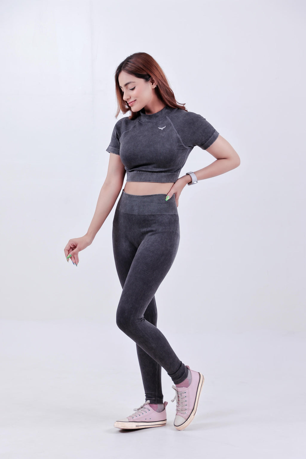 Stripe Crew Gym Nylon Crop Top – Charcoal Grey