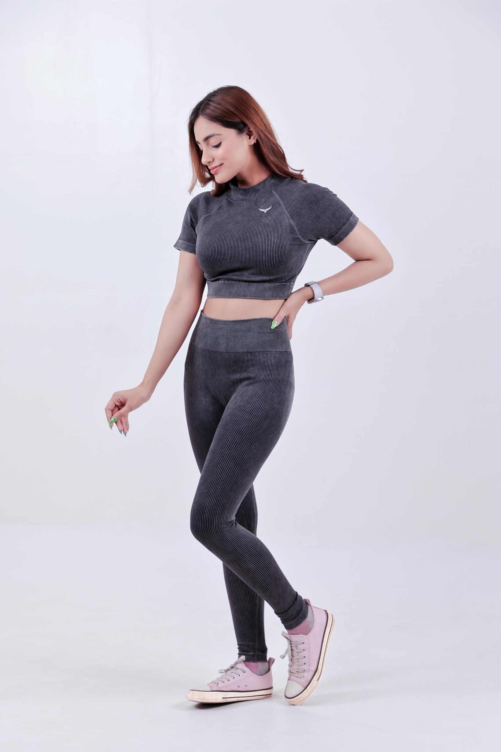 Stripe Crew Gym Nylon Crop Top – Charcoal Grey