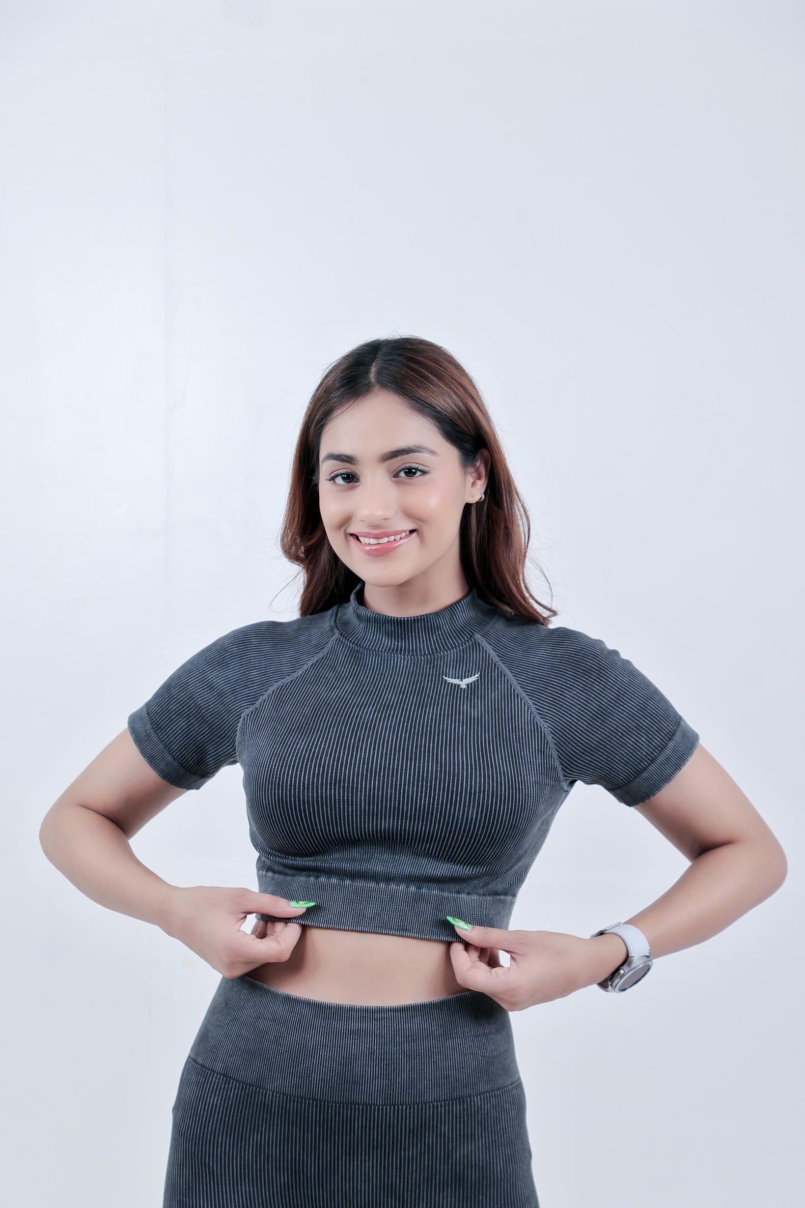 Stripe Crew Gym Nylon Crop Top – Charcoal Grey