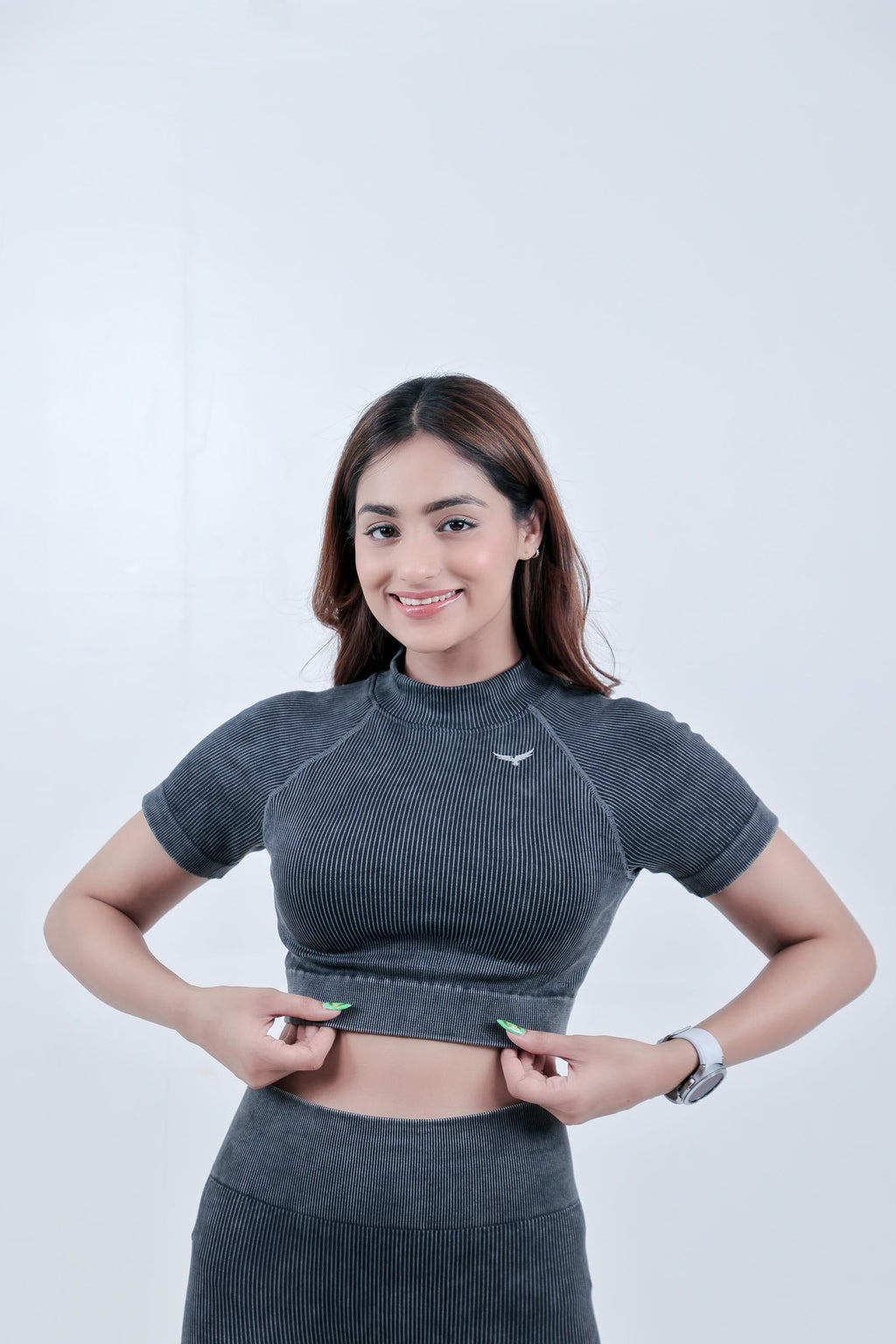 Stripe Crew Gym Nylon Co-ord Sets – Charcoal Grey
