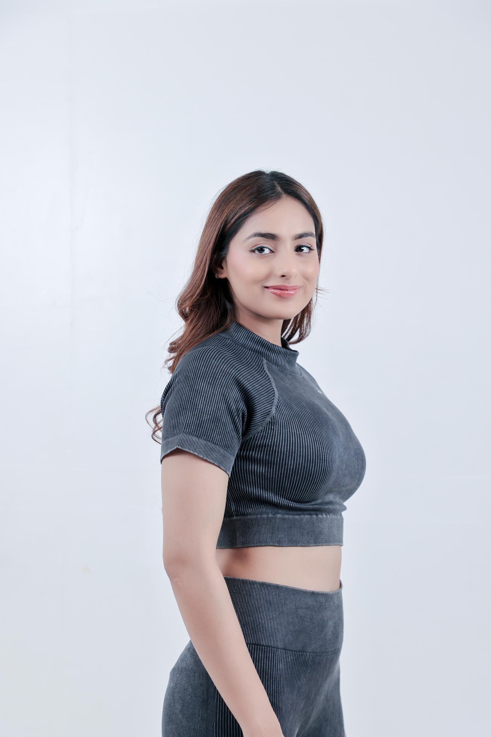Stripe Crew Gym Nylon Crop Top – Charcoal Grey