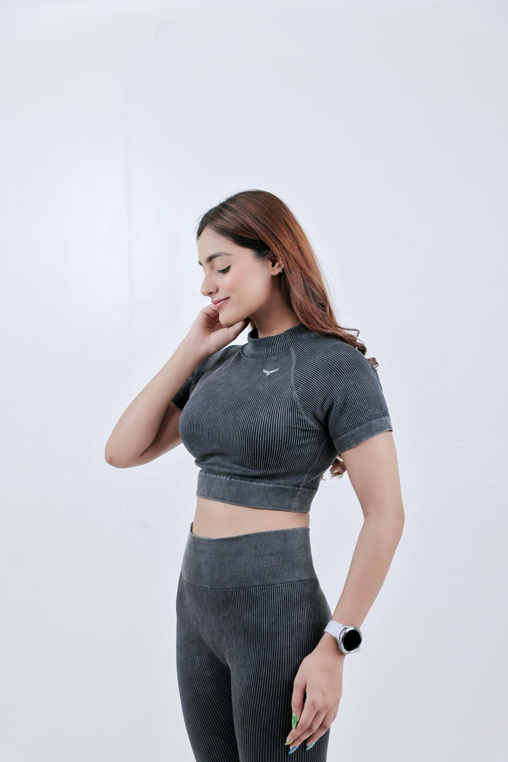 Stripe Crew Gym Nylon Crop Top – Charcoal Grey