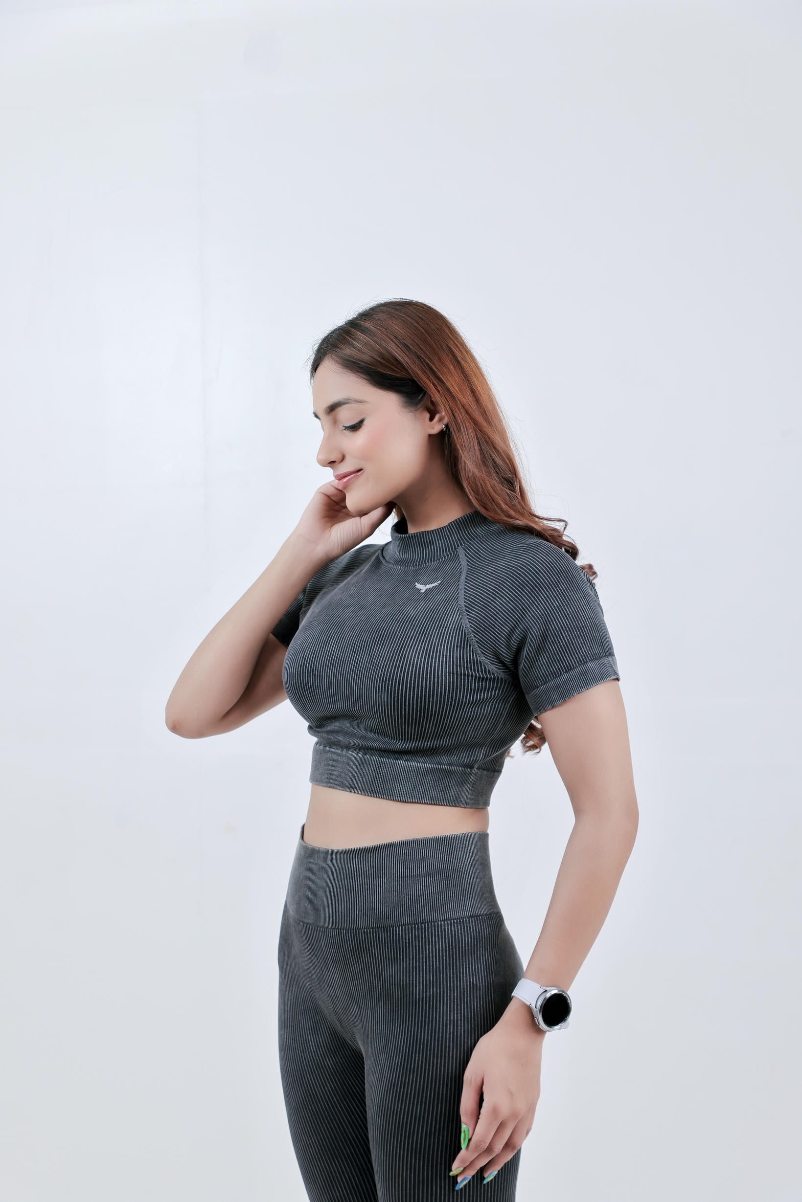 Stripe Crew Gym Nylon Crop Top – Charcoal Grey