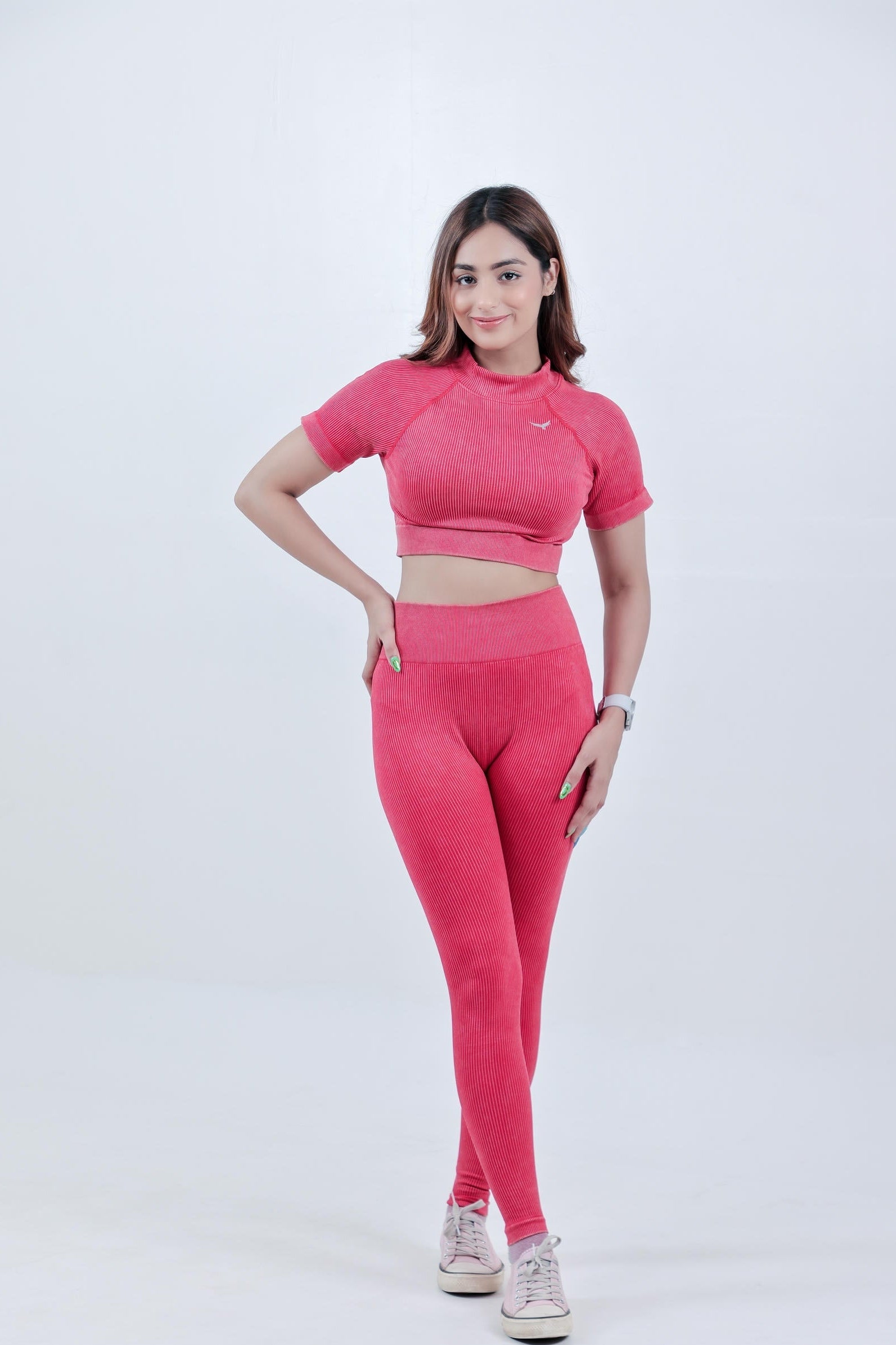 Stripe Crew Gym Nylon Co-ord Sets –Red