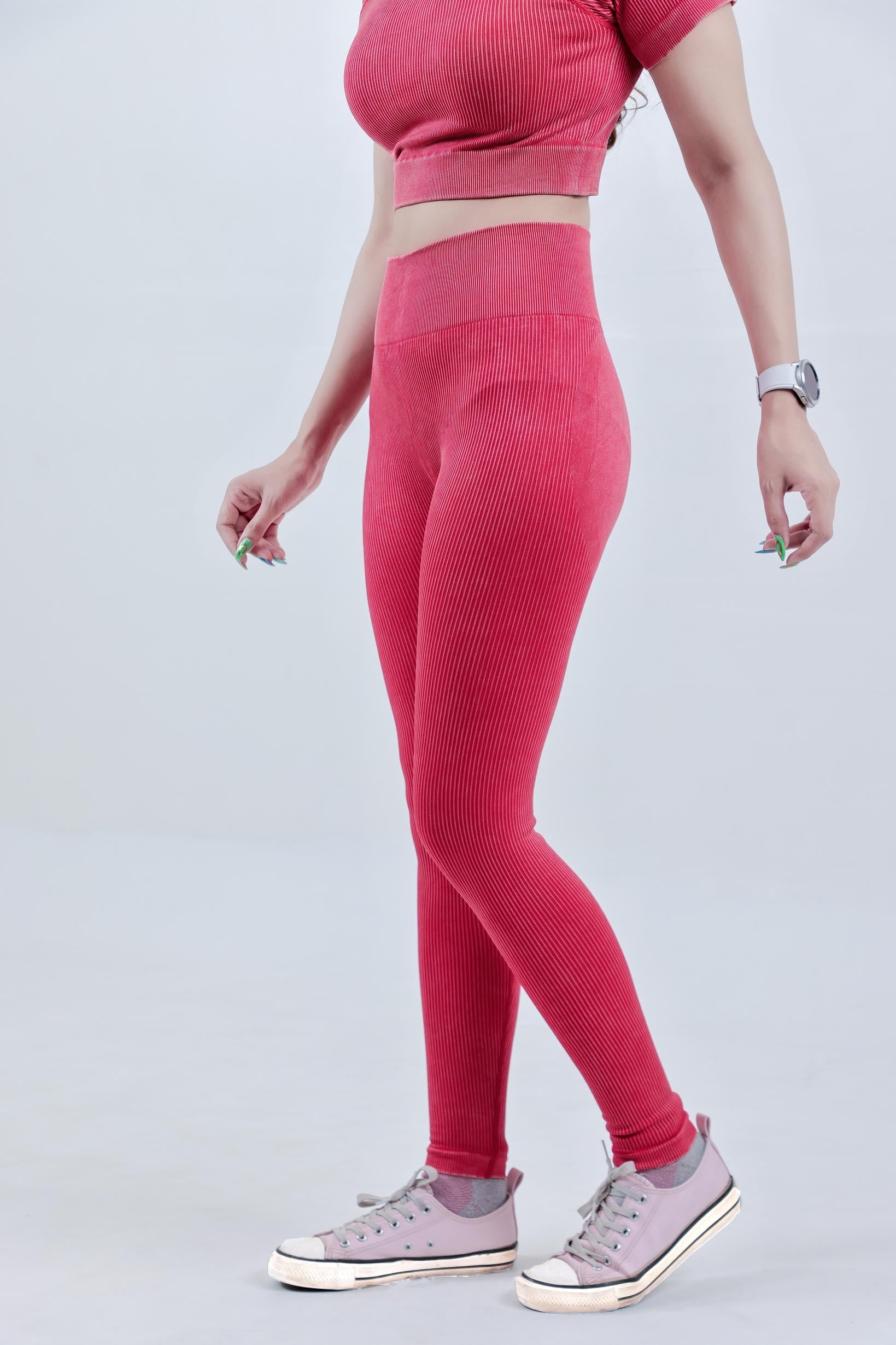 Stripe Crew Gym Nylon Co-ord Sets –Red