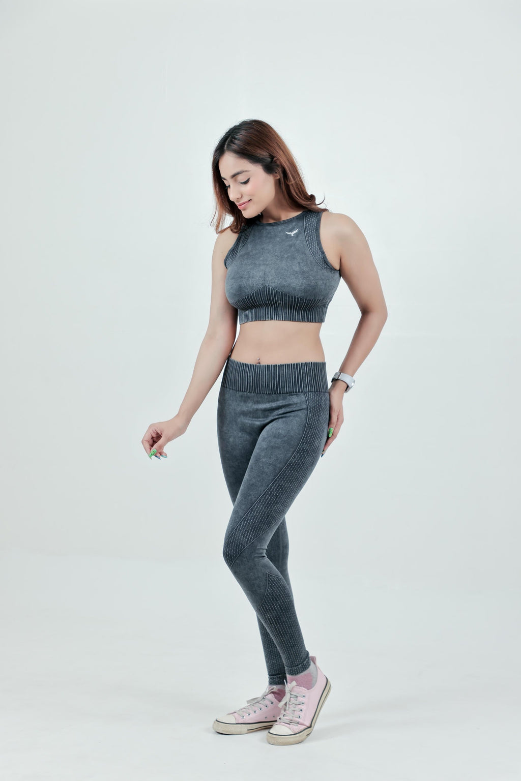 Stripe Crew Gym Nylon Co-ord Sets – Charcoal Grey