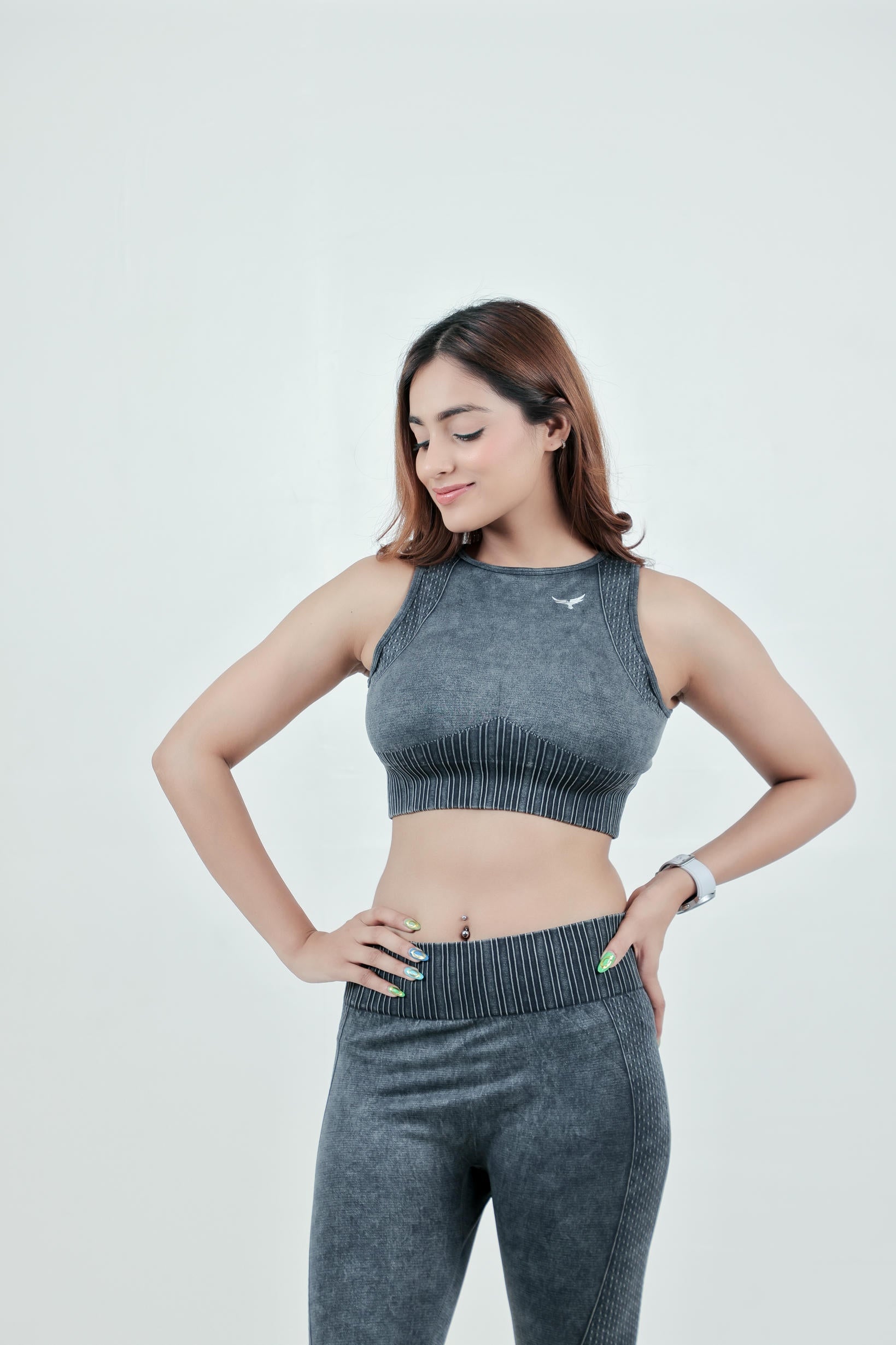 Stripe Crew Gym Nylon Co-ord Sets – Charcoal Grey