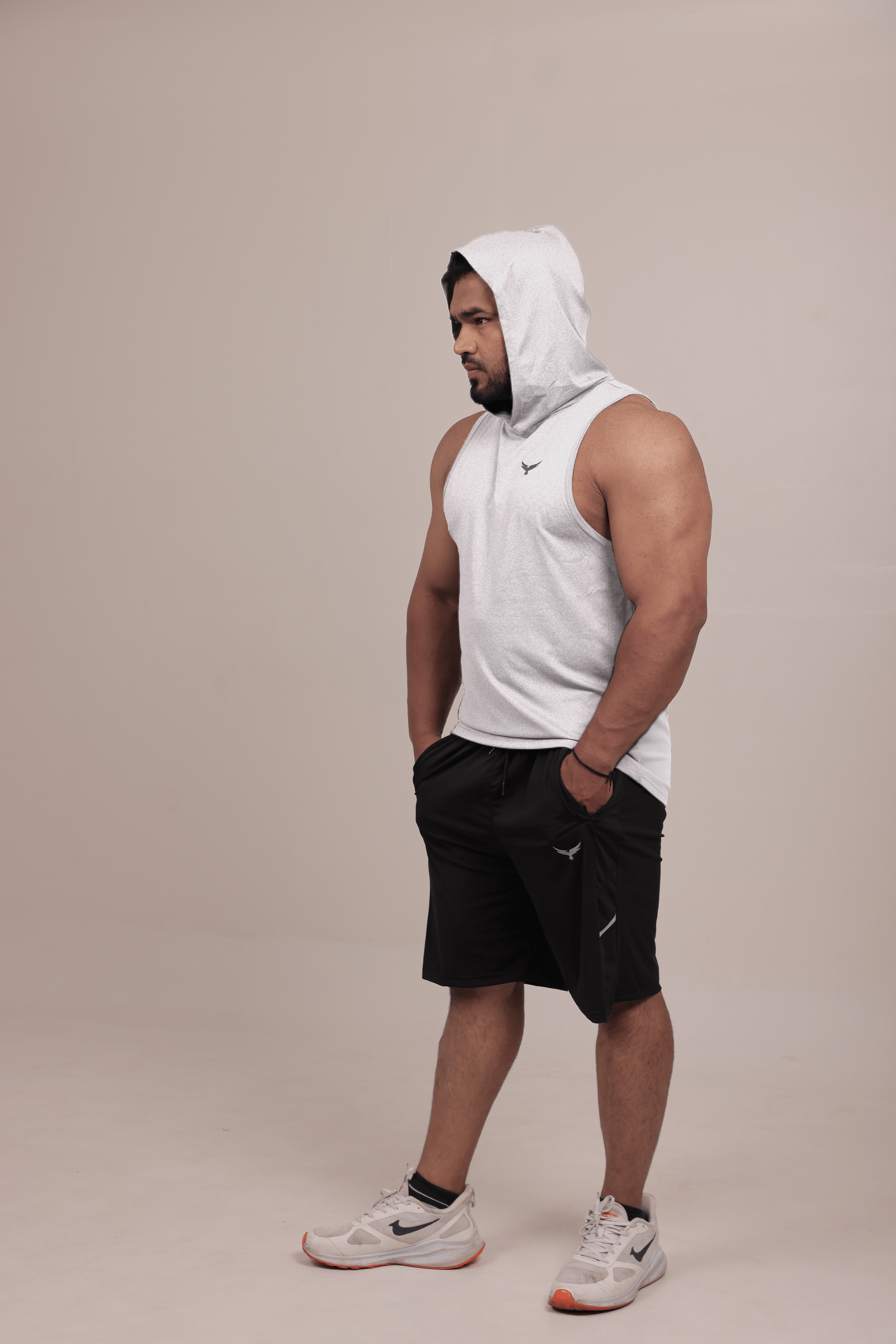 Men’s Hooded Drop Arm Tank – White (Poly-Spandex)