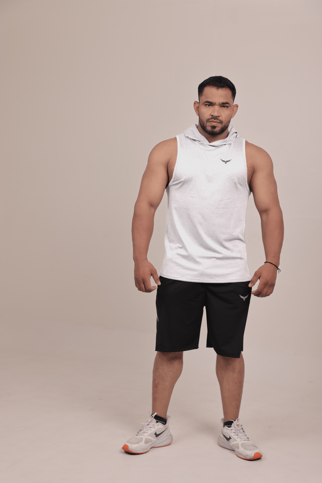 Men’s Hooded Drop Arm Tank – White (Poly-Spandex)