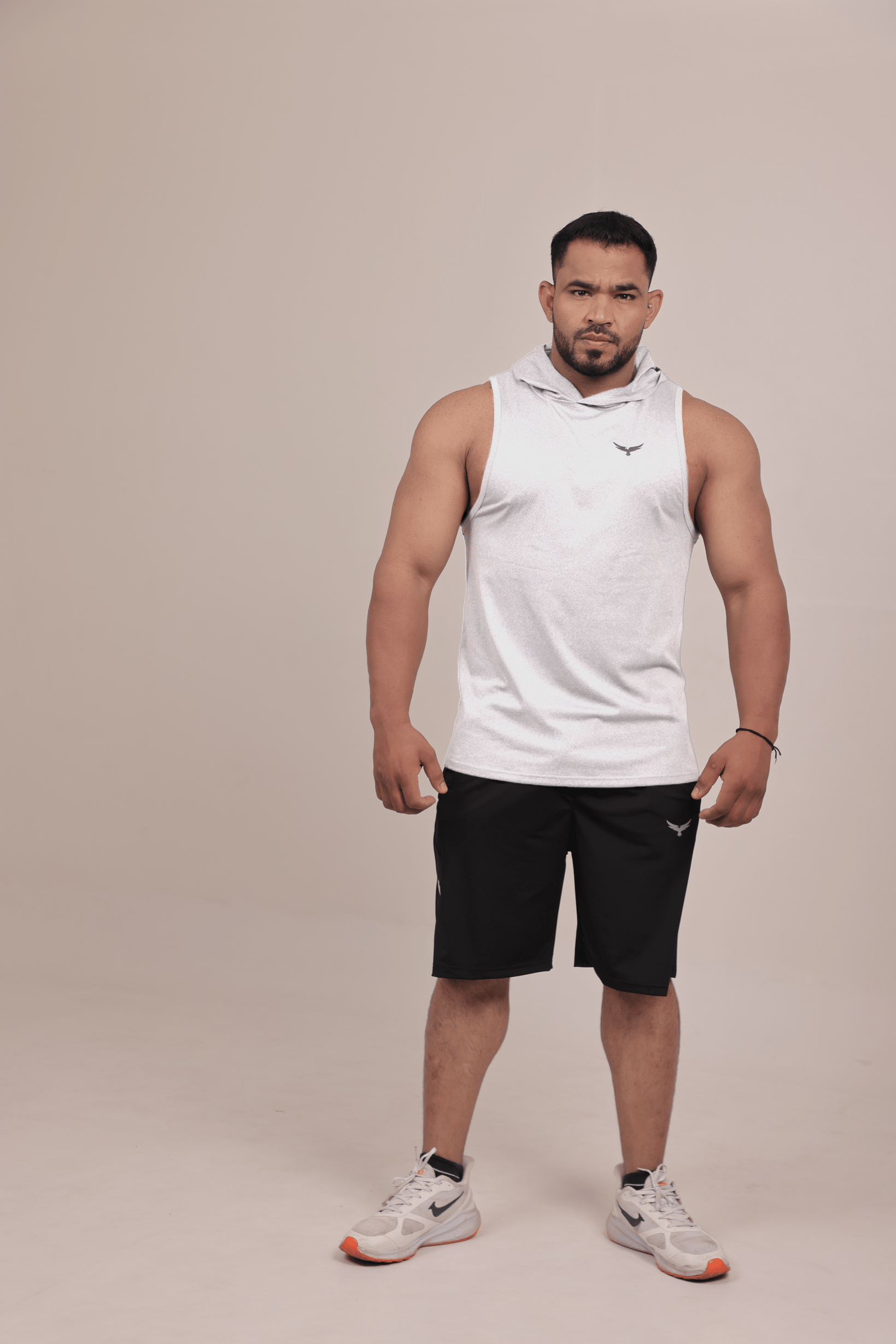 Men’s Hooded Drop Arm Tank – White (Poly-Spandex)