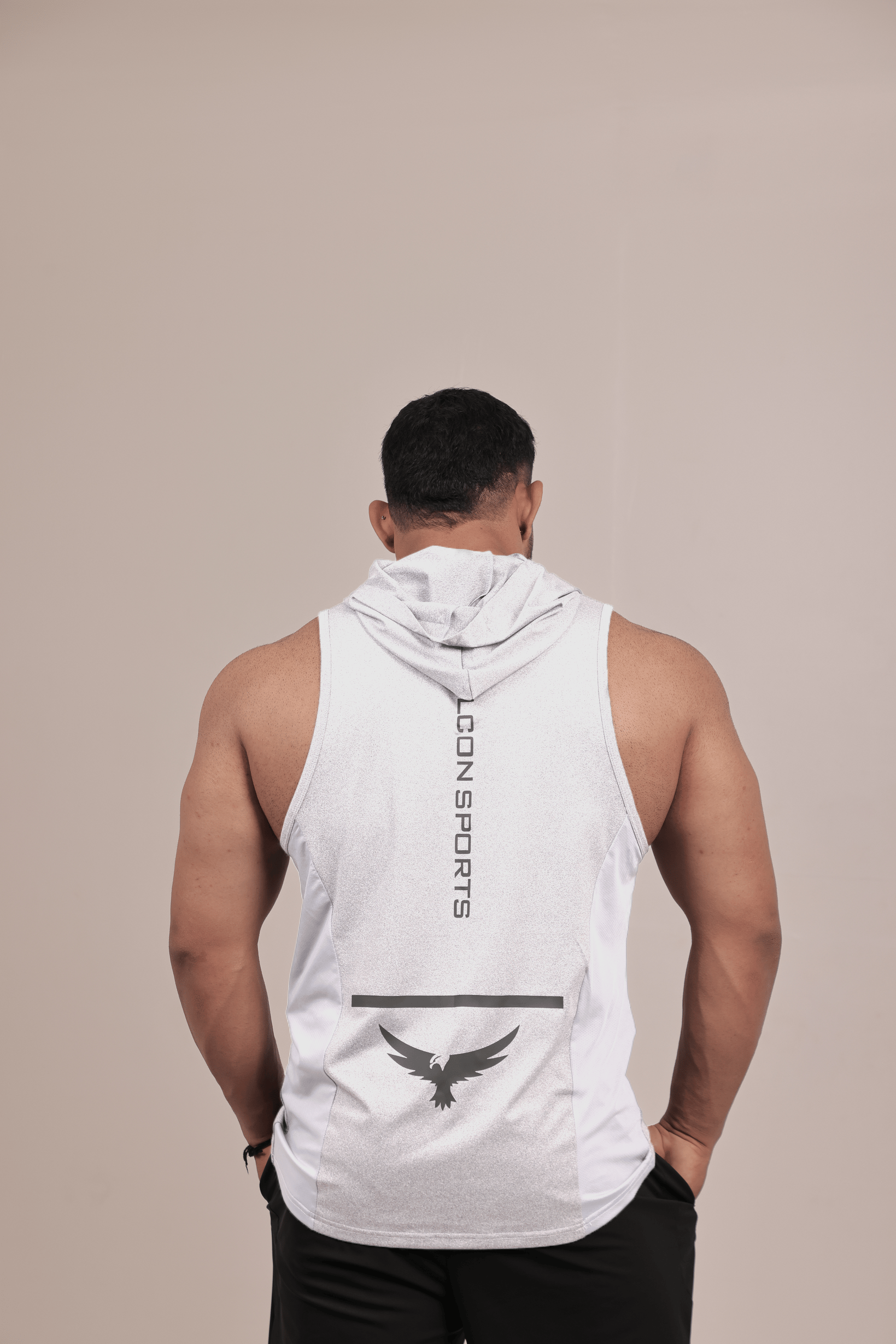 Men’s Hooded Drop Arm Tank – White (Poly-Spandex)