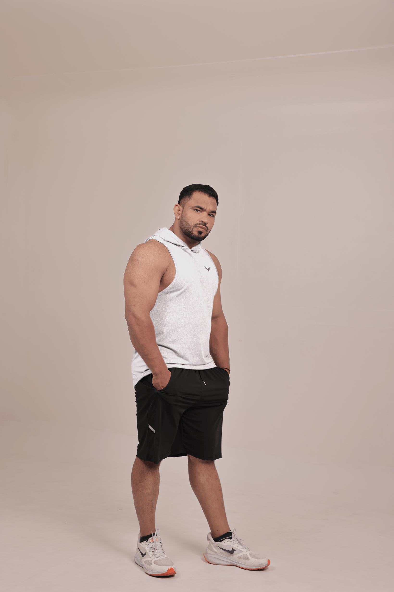 Men’s Hooded Drop Arm Tank – White (Poly-Spandex)