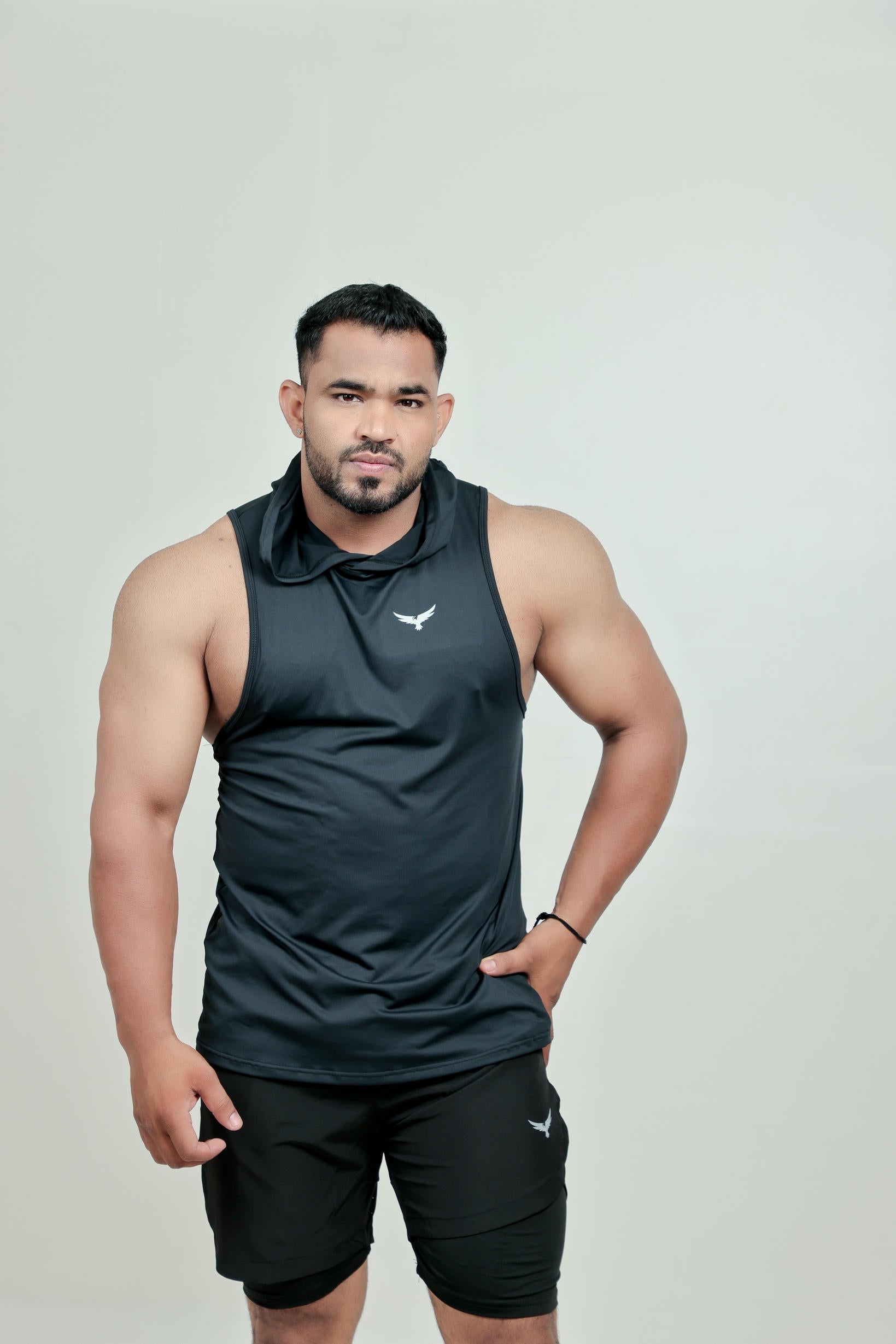 Men’s Hooded Drop Arm Tank – Black (Poly-Spandex)