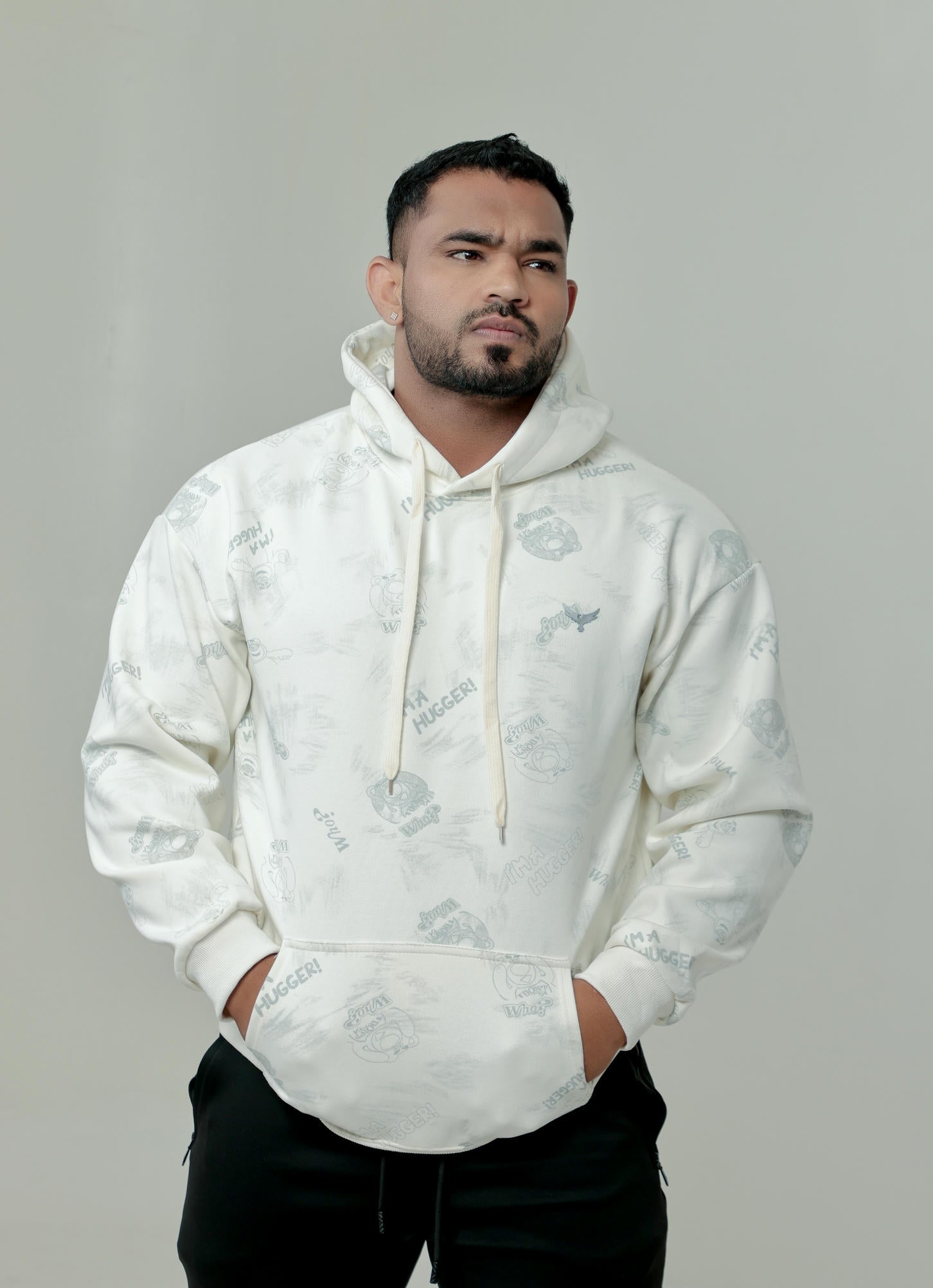 Boys Printed Hoodie – White (100% Cotton)