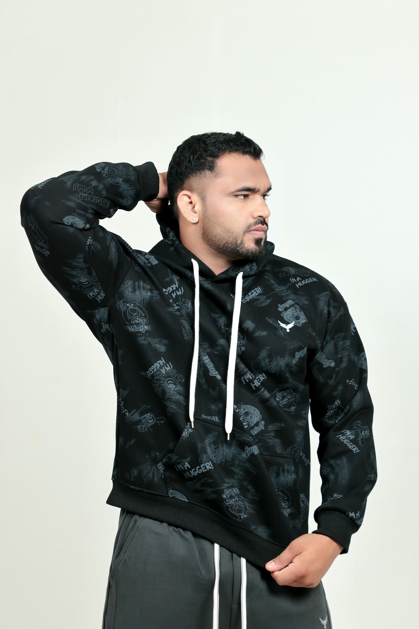 Boys Printed Hoodie – Black (100% Cotton)
