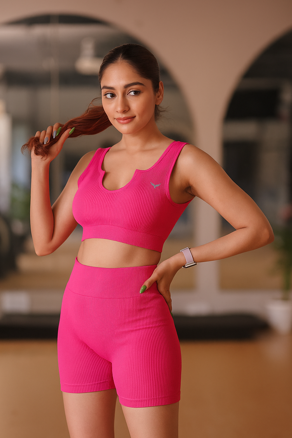 Women's Ribbed Seamless Nylon Co-ord Set – Hot Pink