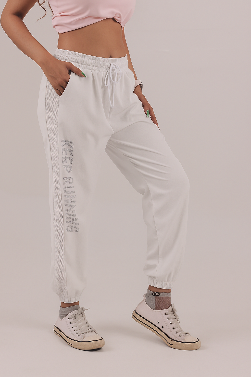 Women's Mesh Strip Track Pants – White