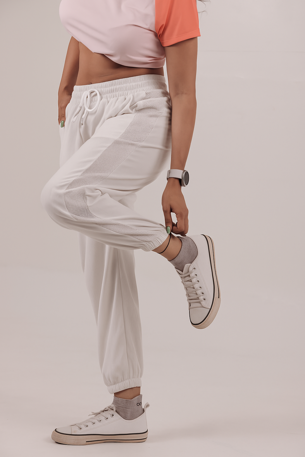 Women's Mesh Strip Track Pants – White