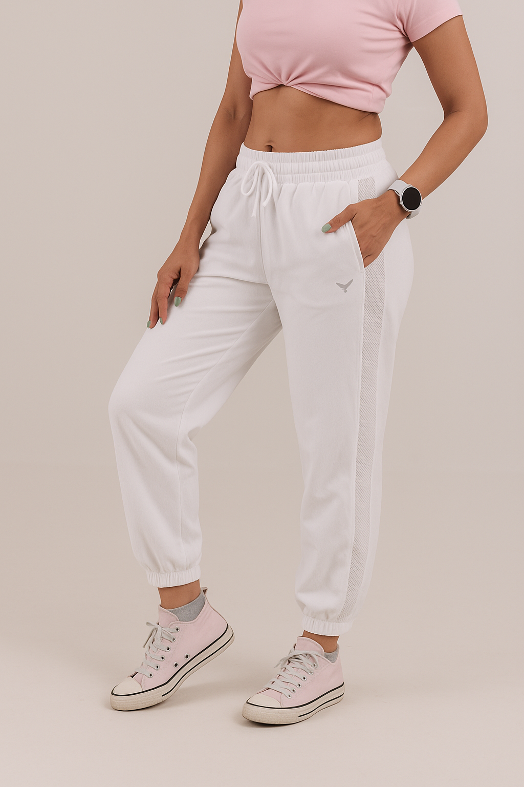 Women's Mesh Strip Track Pants – White